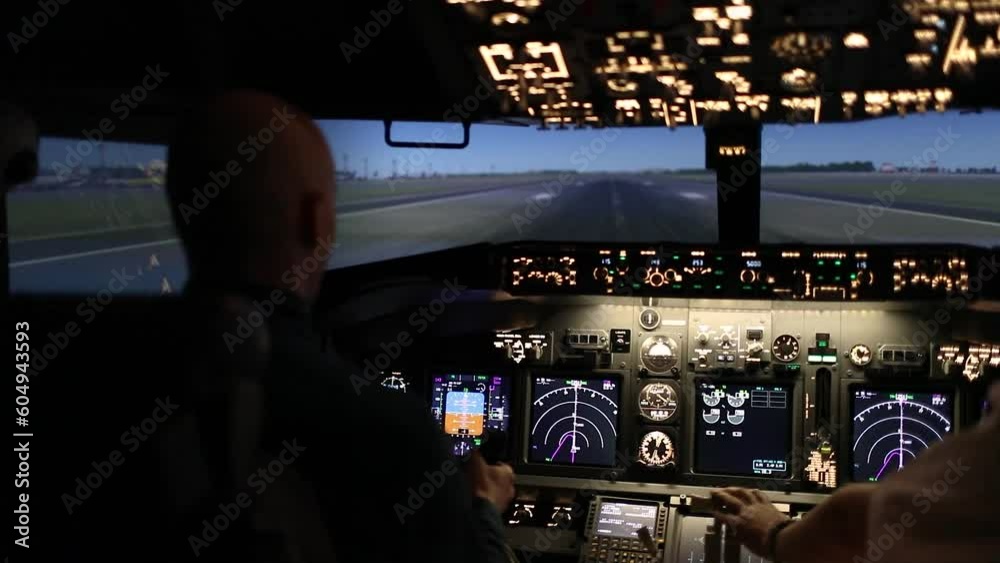 Pilot Controller Two pilots are taking off an airplane at dusk. The pilot turns on the ...