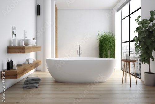 luxury wood interior home modern bathtub house window bathroom architecture white. Generative AI.