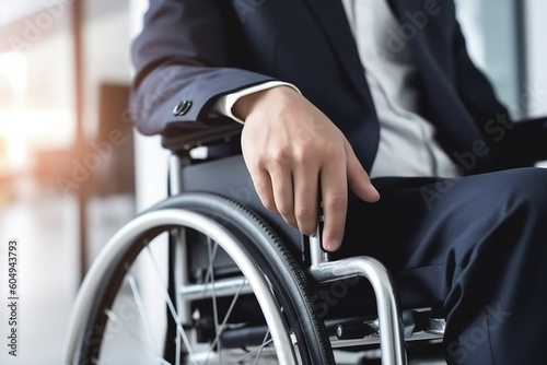 Businessman in wheelchair hand on wheel close up office interior on background © alisaaa