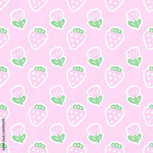 Cute pink seamless pattern with strawberries and tulips for kids design. Girly background, print for fabric, wrapping paper.