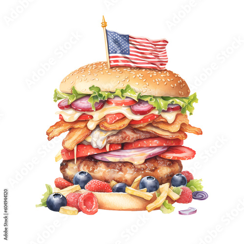 Hamburger 4th of July, American Food Watercolor Clipart Illustration, made with generative AI  photo