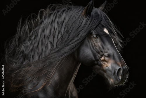 Majestic Black Stallion with Flowing Mane - Horse Portrait. AI