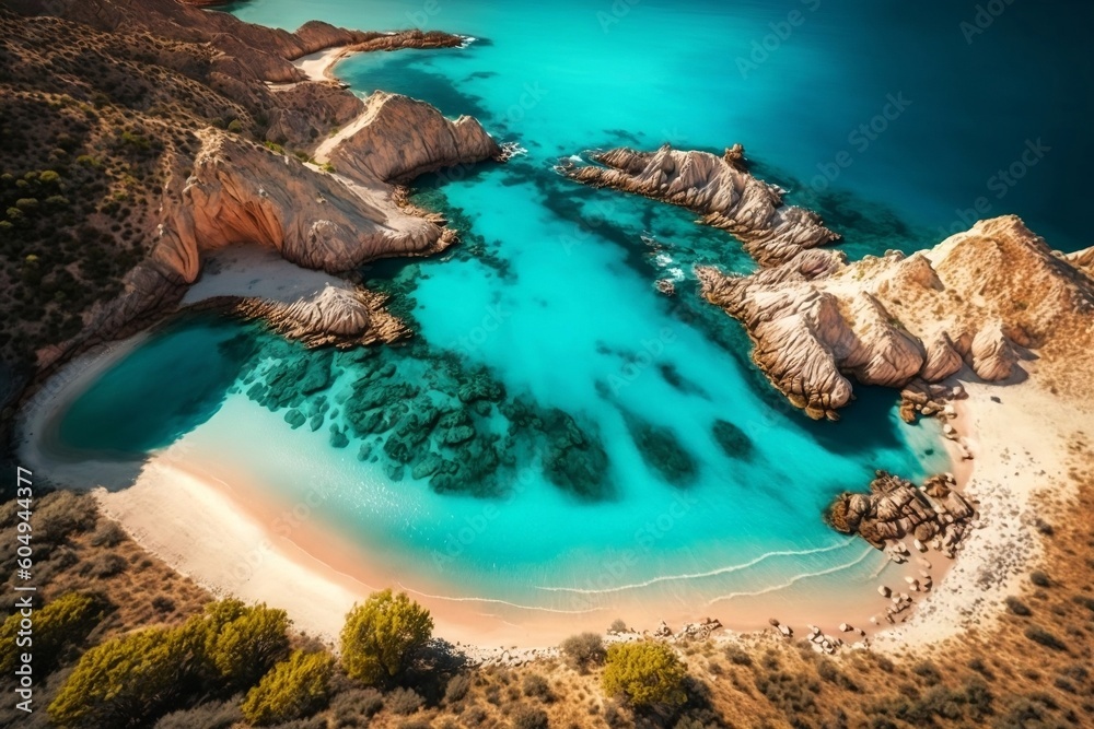 Serene Bay: Clear Turquoise Waters in Sunny Aerial View. AI