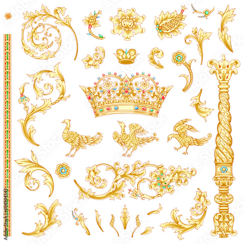 Gold swirl set of vintage elements, cliparts, frames.