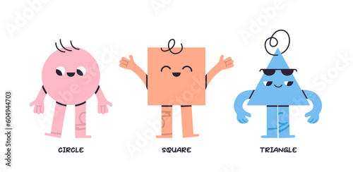 Geometric figures with face emotions and different shapes, hand drawn trendy cute funny characters various bright basic flat vector illustration.