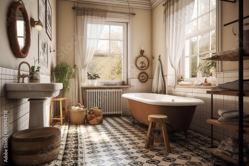  Modern cozy bathroom, classic interior design with beige, brown and black colors. Super photo realistic background, generative ai illustration © Anna