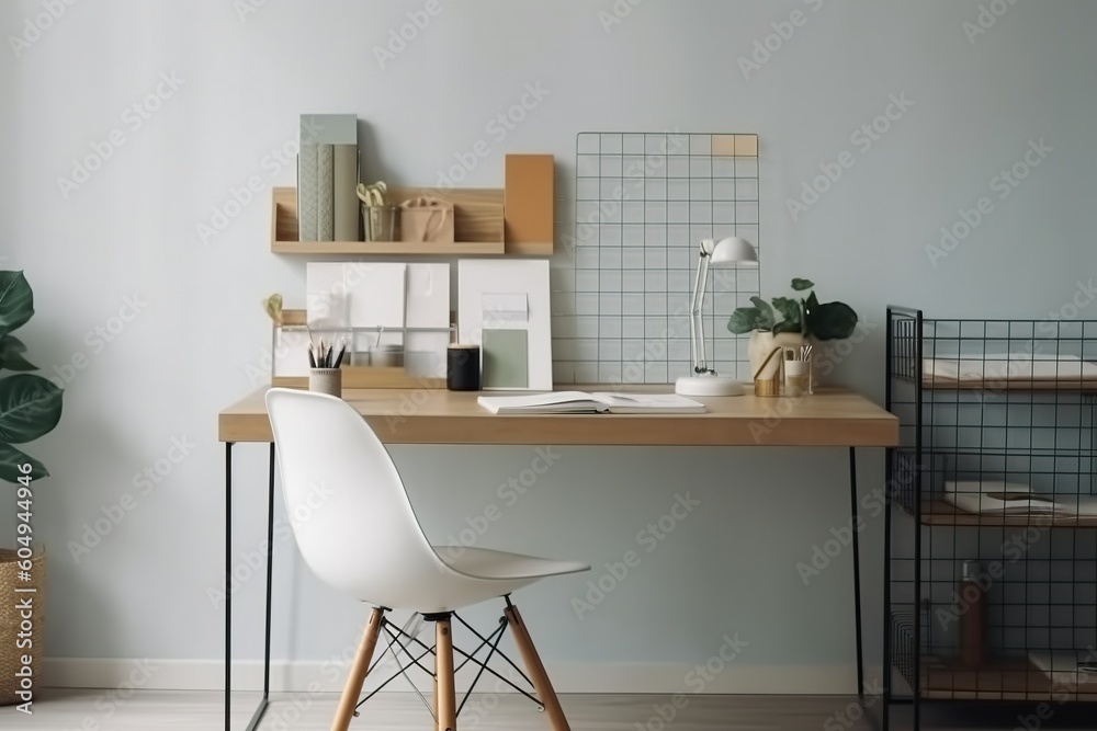 Single Desk at Home Office. Single Desk with Supplies and Wall Copy Space. Cute Single Desk for a Minimalist Workspace. Single Desk at Home Office. Single Desk with Supplies and Wall Copy Space. Cute Single Desk for a Minimalist Workspace.