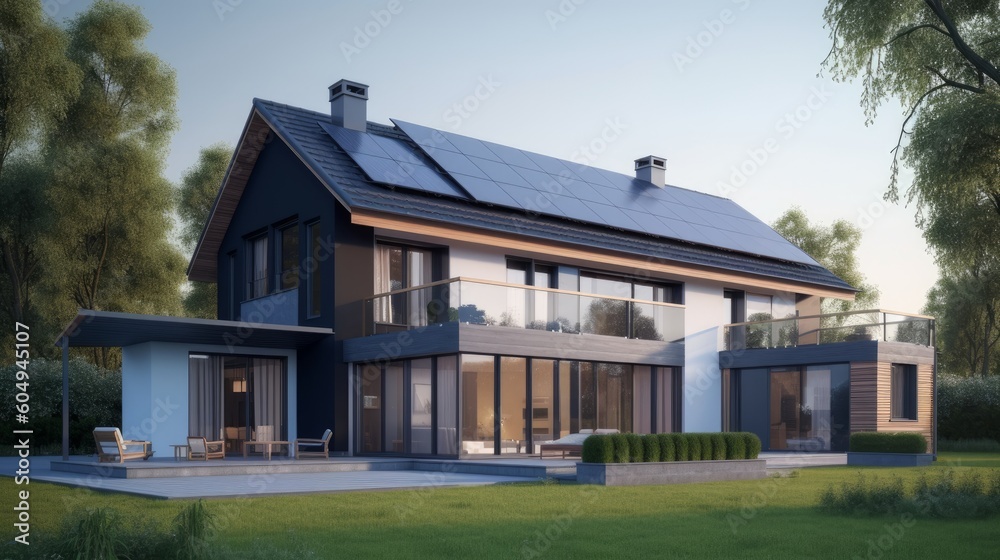 Newly built home featuring dark solar panels on the roof, promoting sustainable energy under a bright sky. Created by AI