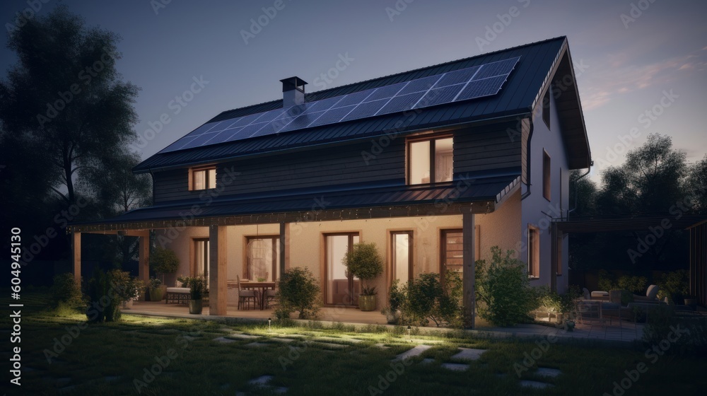 Newly constructed residence showcasing dark solar panels, a step towards sun energy. Created by AI