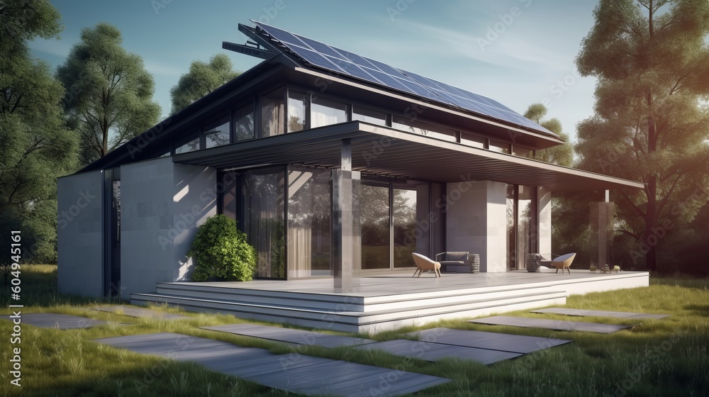 Newly built home featuring dark solar panels on the roof, promoting sustainable energy under a bright sky. Created by AI