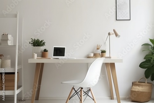 Single Desk at Home Office. Single Desk with Supplies and Wall Copy Space. Cute Single Desk for a Minimalist Workspace. © Yeashin