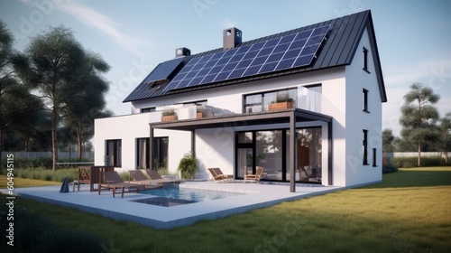 Newly constructed residence showcasing dark solar panels, a step towards sun energy. Created by AI. © qntn