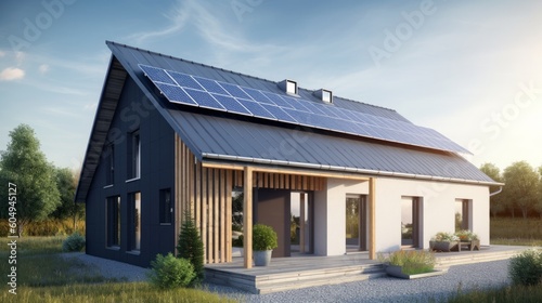 Newly built home featuring dark solar panels on the roof, promoting sustainable energy under a bright sky. Created by AI © qntn