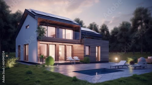 Brand new house with solar panels on the roof, symbolizing clean energy under a sunny sky. Created by AI © qntn