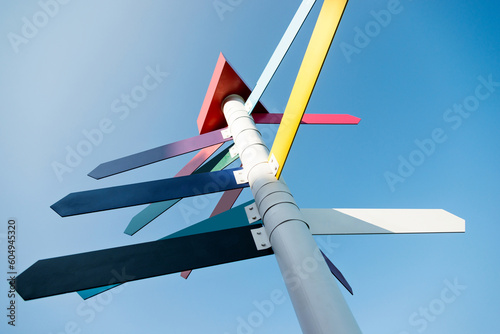 Empty guidepost with arrow shaped labels against blue sky background