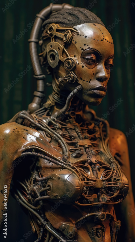 Steampunk portrait of a black woman cyborg made with AI Steampunk portrait of a black woman cyborg made with AI