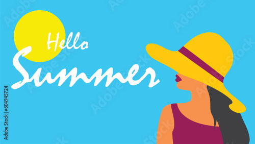 Hello summer. Woman in hat. Sun. Concept of summer party and travel. Vector illustration in minimalistic style