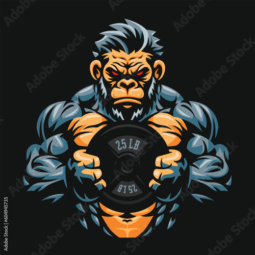 Fitness gorilla vector illustration, gym mascot character, gorilla holding weight plate