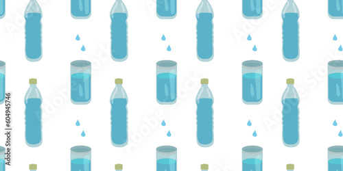 Seamless pattern of bottled water and water in a glass. H2O for health. vector