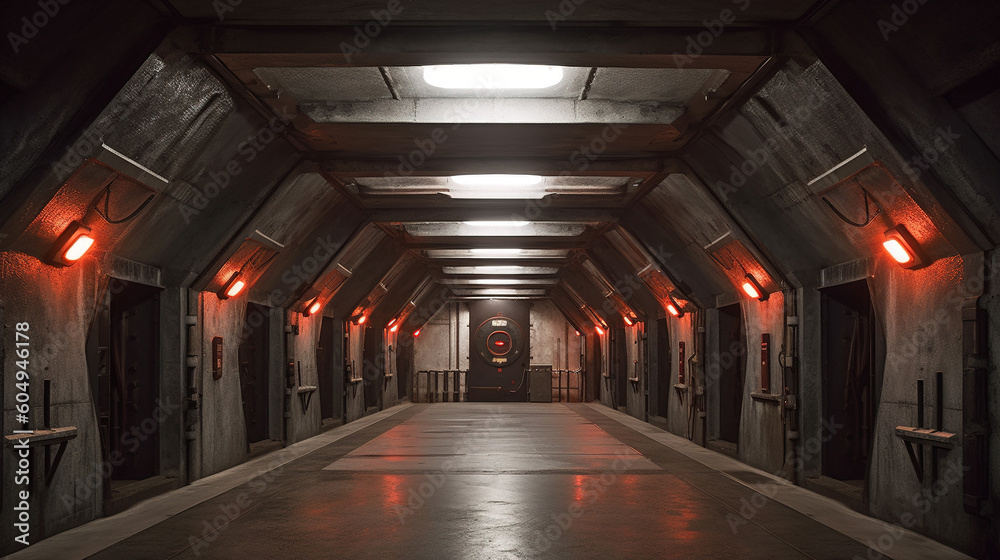 Naklejka premium Beyond Ordinary, a Modern Underground Bunker Corridor with Fortified Doors, Generative AI