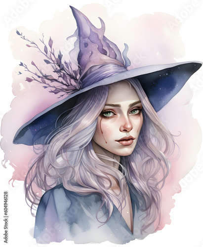 Pastel Beautiful Witch, Halloween Witch, Fantasy Witch Watercolor Clipart Illustration, Halloween Decoration, made with generative AI 