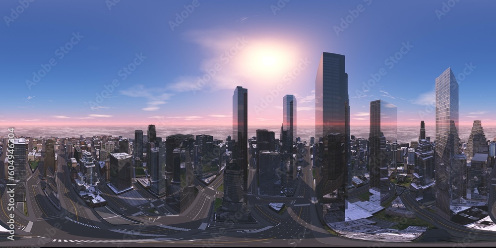 Fototapeta premium Panorama of the city. Environment map. HDRI map. equidistant projection. Spherical panorama. 3D rendering