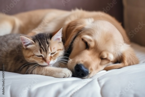 Cat and dog sleeping together, Kitten and puppy taking nap, Home pets, Animal care, Love and friendship, Domestic animals,