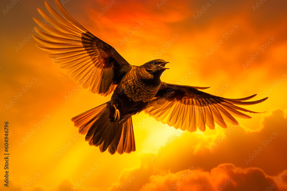 Fototapeta premium fusion of art silhouette bird on orange sky background generative ai