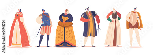 Elegantly Dressed Characters In Renaissance-era Costumes, Adorned With Intricate Details And Rich Fabrics, Illustration
