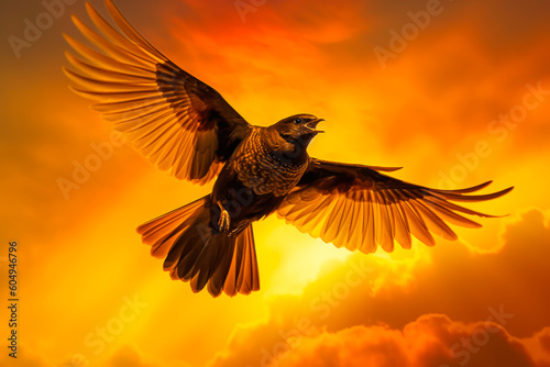 fusion of art silhouette bird on orange sky background generative ai © Poter