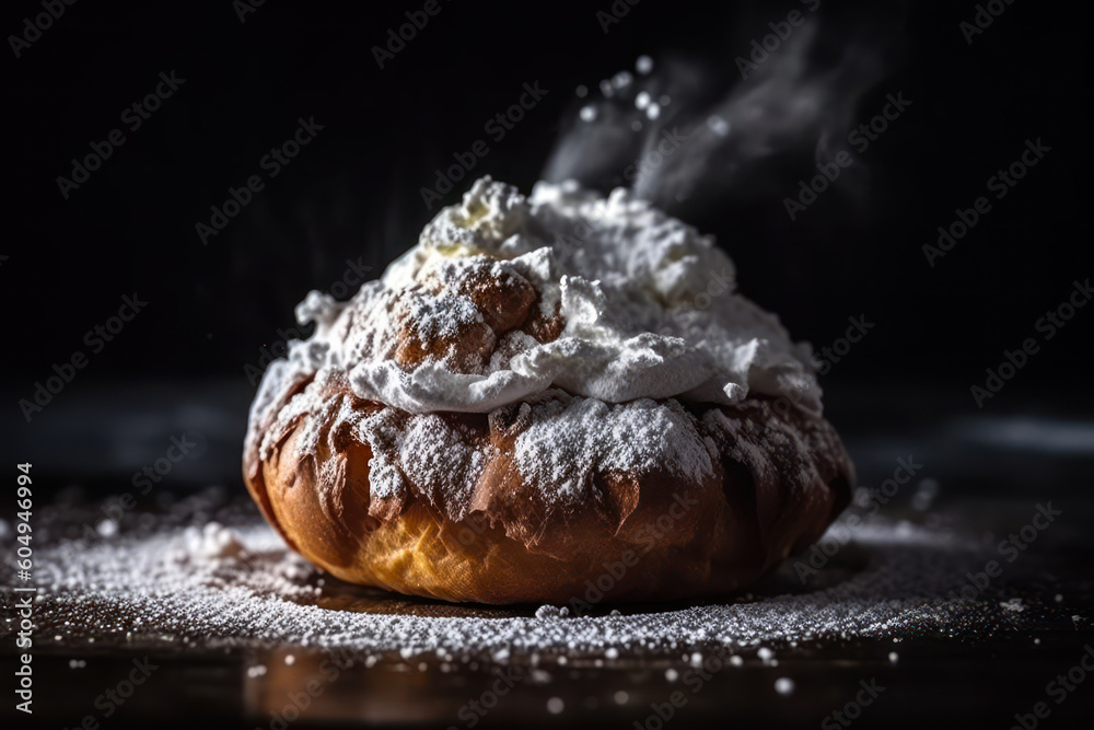 bun with cream, eclair in powdered sugar generative ai