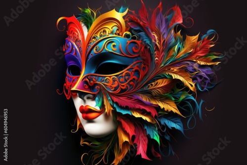 Beautiful woman with a carnival mask decorated with colorful leaves on a black background