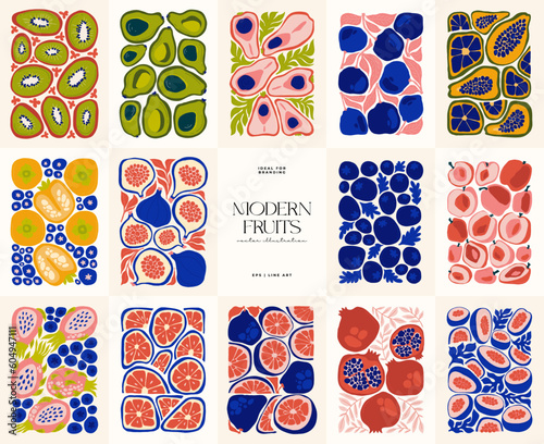 Fruits abstract elements. Food and healsy composition. Modern trendy Matisse minimal style. Fruits poster, invite. Vector arrangements for greeting card or invitation design