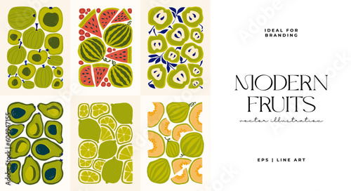 Fruits abstract elements. Food and healsy composition. Modern trendy Matisse minimal style. Fruits poster, invite. Vector arrangements for greeting card or invitation design