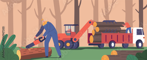Skilled Lumberjack Team Diligently Prepares Wood. Male Character Employing Chainsaw Efficiently Sawing Timber