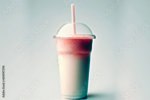 Frullato milkshake cremoso alla frutta con panna e cannuccia in bicchiere di plastica, generato dall'AI photo