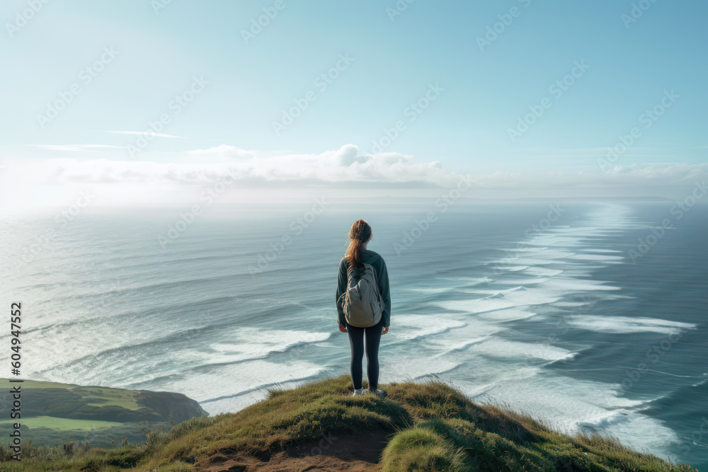 girl traveler on rock with sea background generative ai