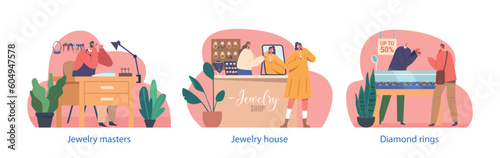 Isolated Scenes Showcase Production and Retail Stages of Jewelry. Goldsmith Master Characters Produce Jewels