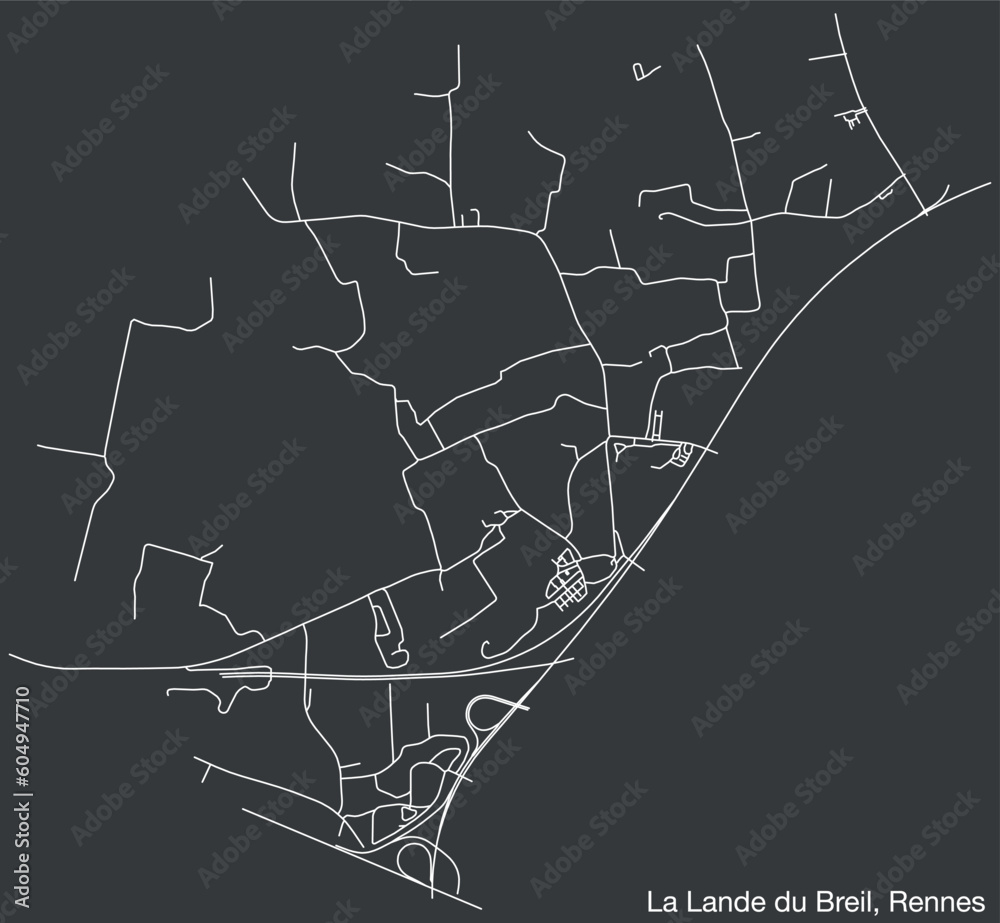 Detailed hand-drawn navigational urban street roads map of the LA LANDE DU BREIL SUB-QUARTER of the French city of RENNES, France with vivid road lines and name tag on solid background