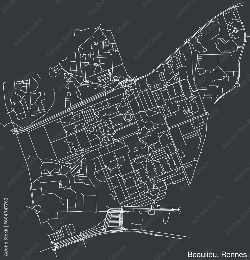 Detailed hand-drawn navigational urban street roads map of the BEAULIEU SUB-QUARTER of the French city of RENNES, France with vivid road lines and name tag on solid background