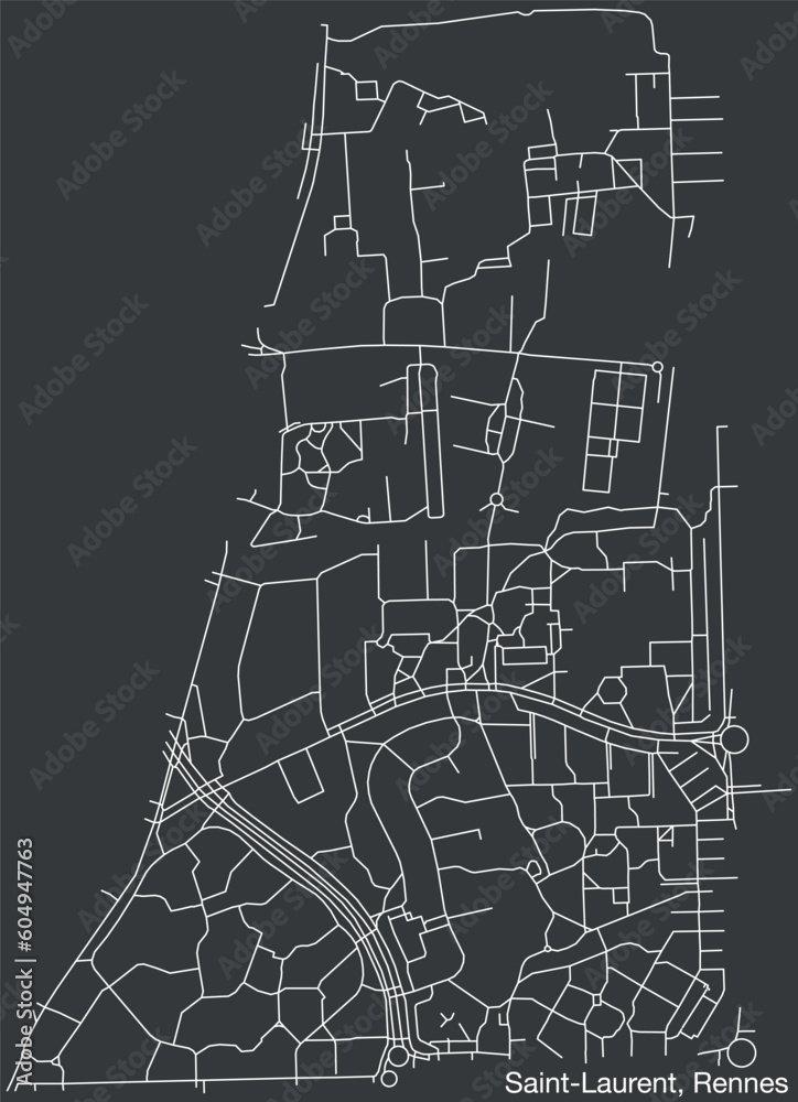 Detailed hand-drawn navigational urban street roads map of the SAINT-LAURENT SUB-QUARTER of the French city of RENNES, France with vivid road lines and name tag on solid background