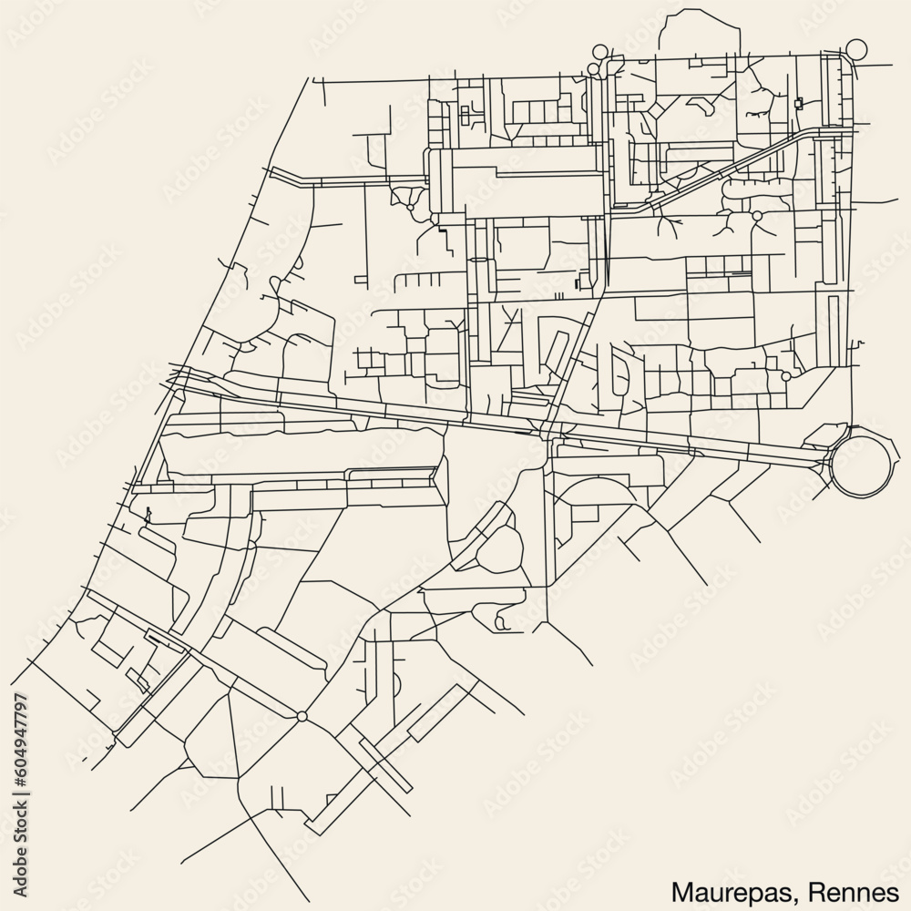 Detailed hand-drawn navigational urban street roads map of the MAUREPAS SUB-QUARTER of the French city of RENNES, France with vivid road lines and name tag on solid background