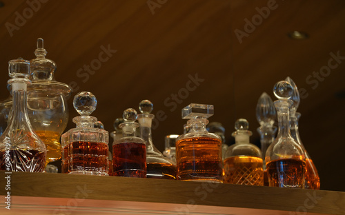 bottles of spirits in a luxury bar. detail.