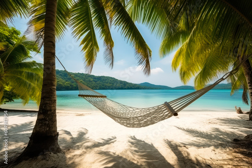 hammock on the sea beach among palm trees paradise vacation generative ai © Poter