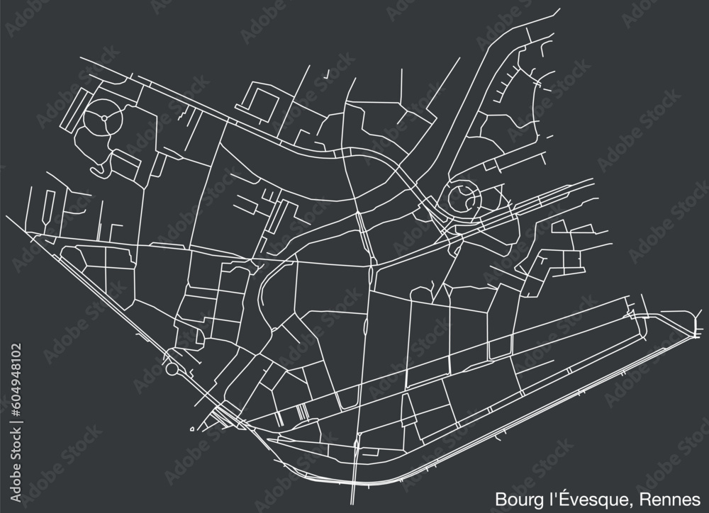 Detailed hand-drawn navigational urban street roads map of the BOURG-L'ÉVESQUE SUB-QUARTER of the French city of RENNES, France with vivid road lines and name tag on solid background