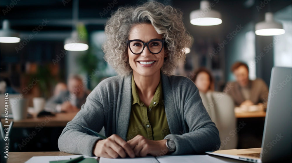 Generative Ai. smiling woman sitting at a desk with a laptop computer and papers