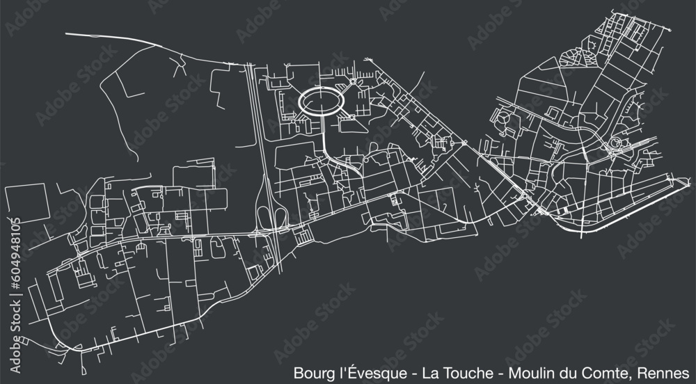 Obraz premium Detailed hand-drawn navigational urban street roads map of the BOURG-L'ÉVESQUE - LA TOUCHE - MOULIN DU COMTE SUB-QUARTER of the French city of RENNES, France with vivid road lines and name tag on soli