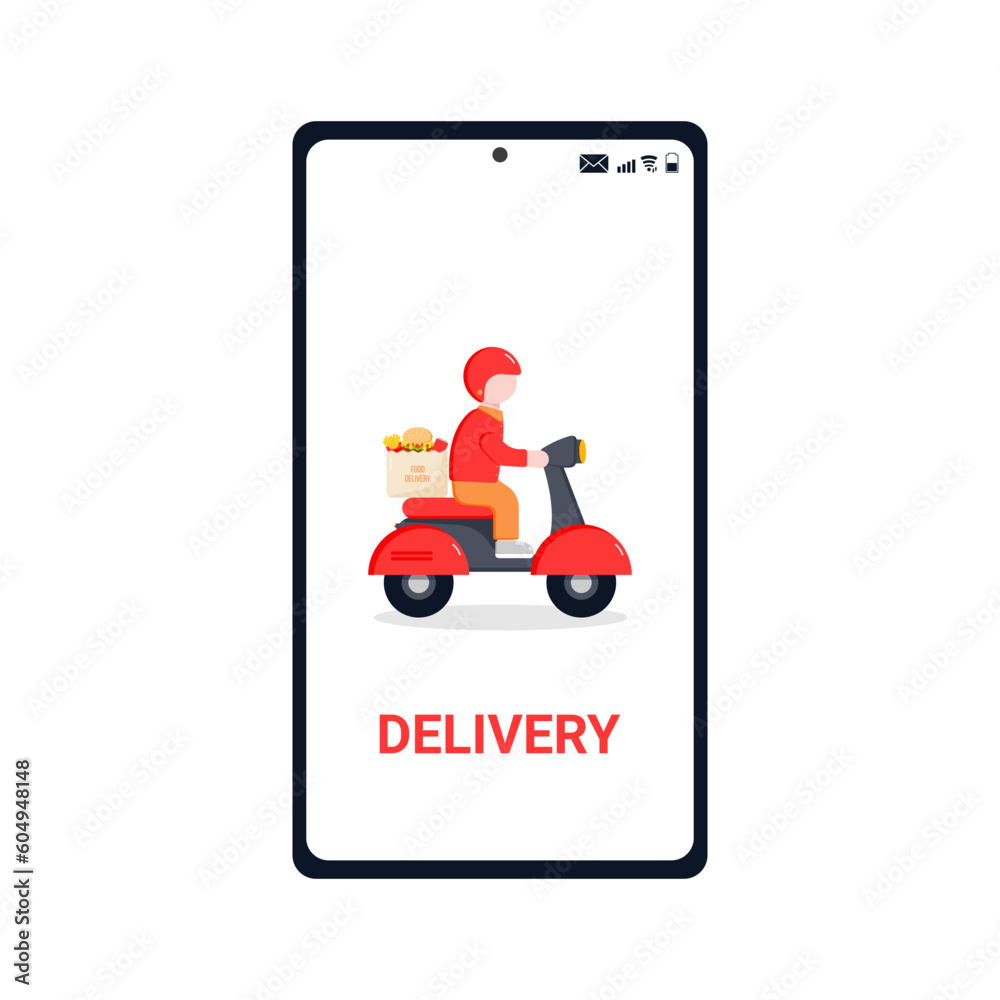 Online shopping, Food delivery. Icons to express, delivery Home. Motorcycle Delivery Service, Male Courier on Scooter with Parcel in Box and timer. Mobile application