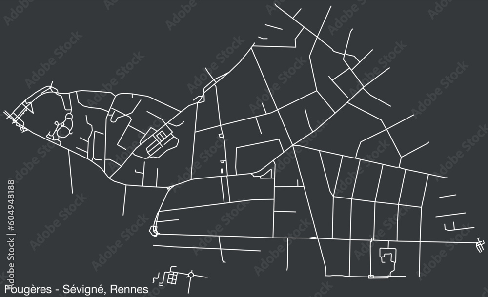 Detailed hand-drawn navigational urban street roads map of the FOUGÈRES - SÉVIGNÉ SUB-QUARTER of the French city of RENNES, France with vivid road lines and name tag on solid background