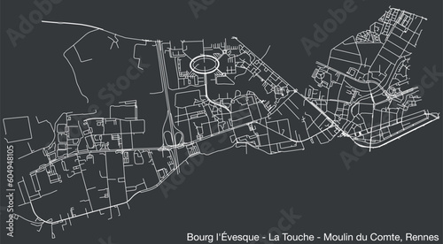 Detailed hand-drawn navigational urban street roads map of the BOURG-L'ÉVESQUE - LA TOUCHE - MOULIN DU COMTE SUB-QUARTER of the French city of RENNES, France with vivid road lines and name tag on soli